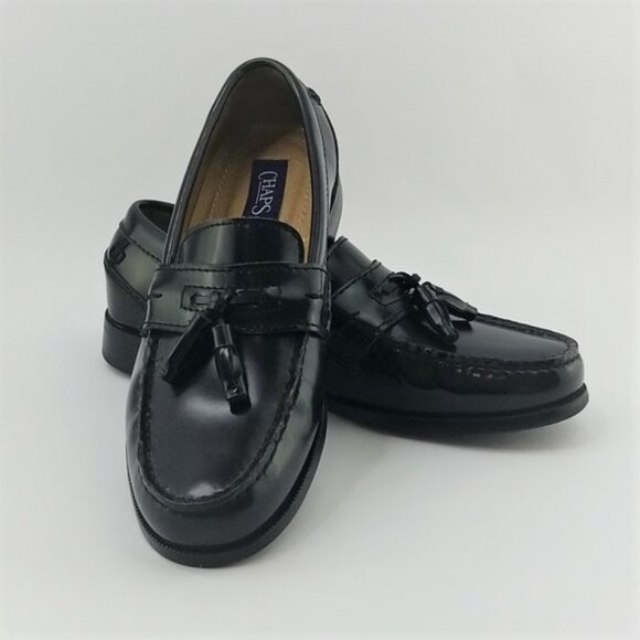 Mens Size 8 Black Leather Loafers Chaps Tassel - Picture 1 of 10